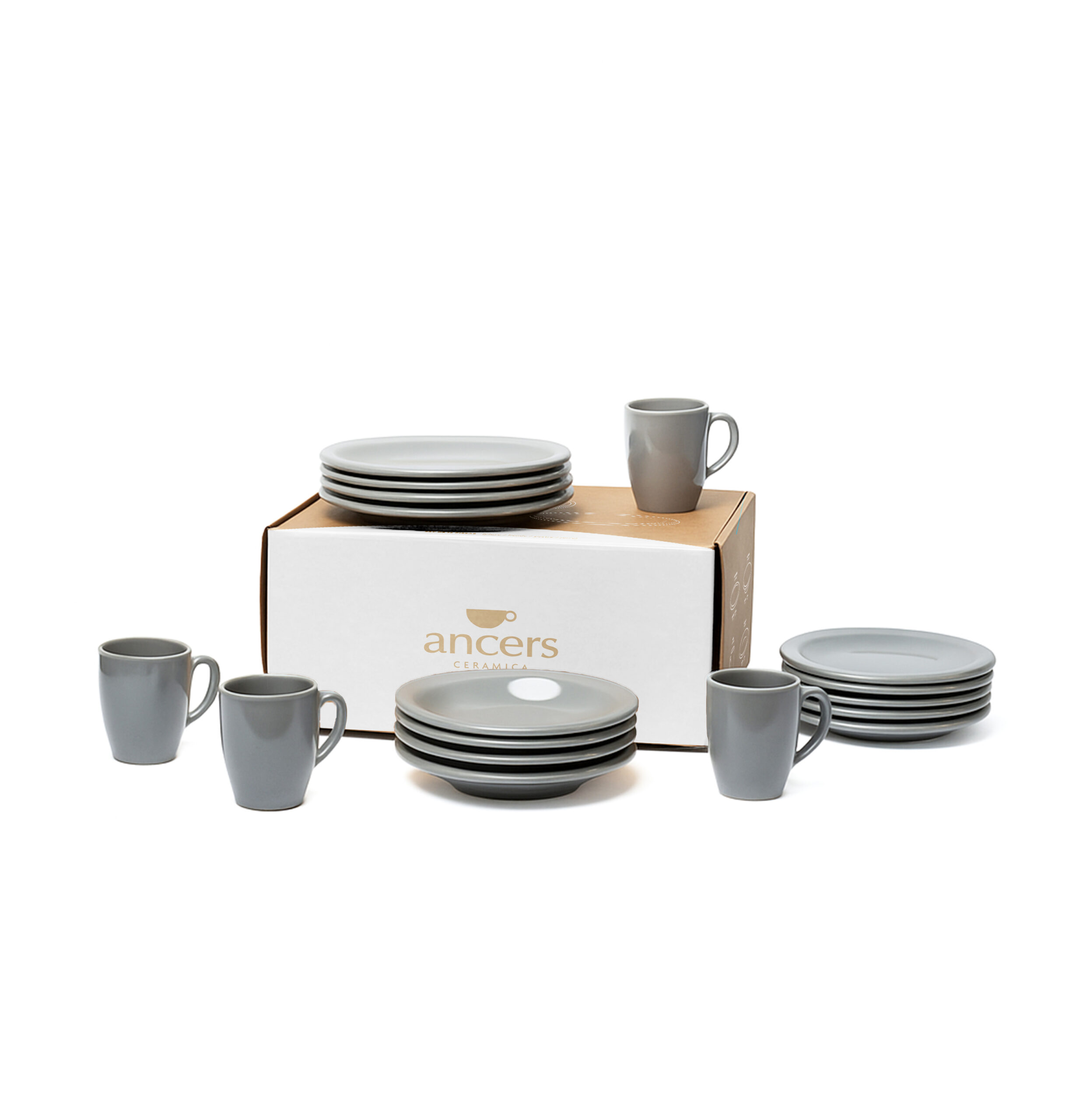 Set de 16 piezas 168 de cer&aacute;mica, l&iacute;nea 8000, color gris, con su caja